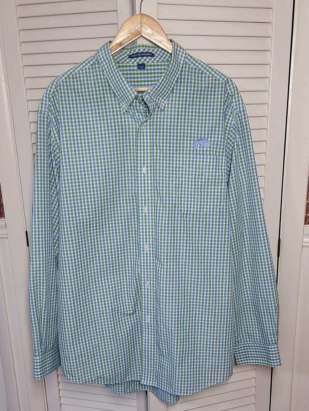 Port Authority Blue and Green Gingham Button-Down Shirt